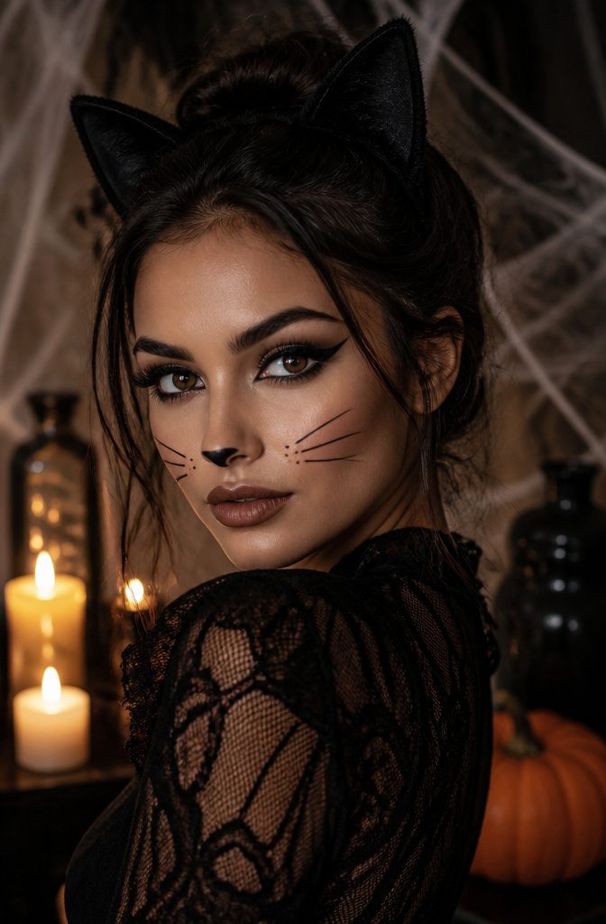 Cool Creative Makeup Looks: 14 Art Styles Worth Trying in 2026 15 Model with black cat eyeliner and whiskers for a themed makeup style.