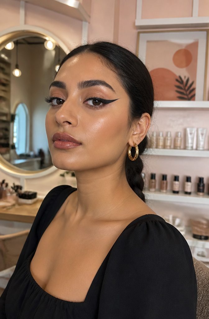 Cool Creative Makeup Looks: 14 Art Styles Worth Trying in 2026 4 Model with bold winged eyeliner and warm complexion in a pastel salon.