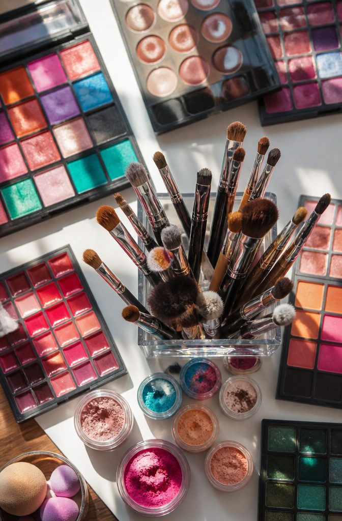 Cool Creative Makeup Looks: 14 Art Styles Worth Trying in 2026 16 A flat shader brush on a surface, showcasing its dense bristles.