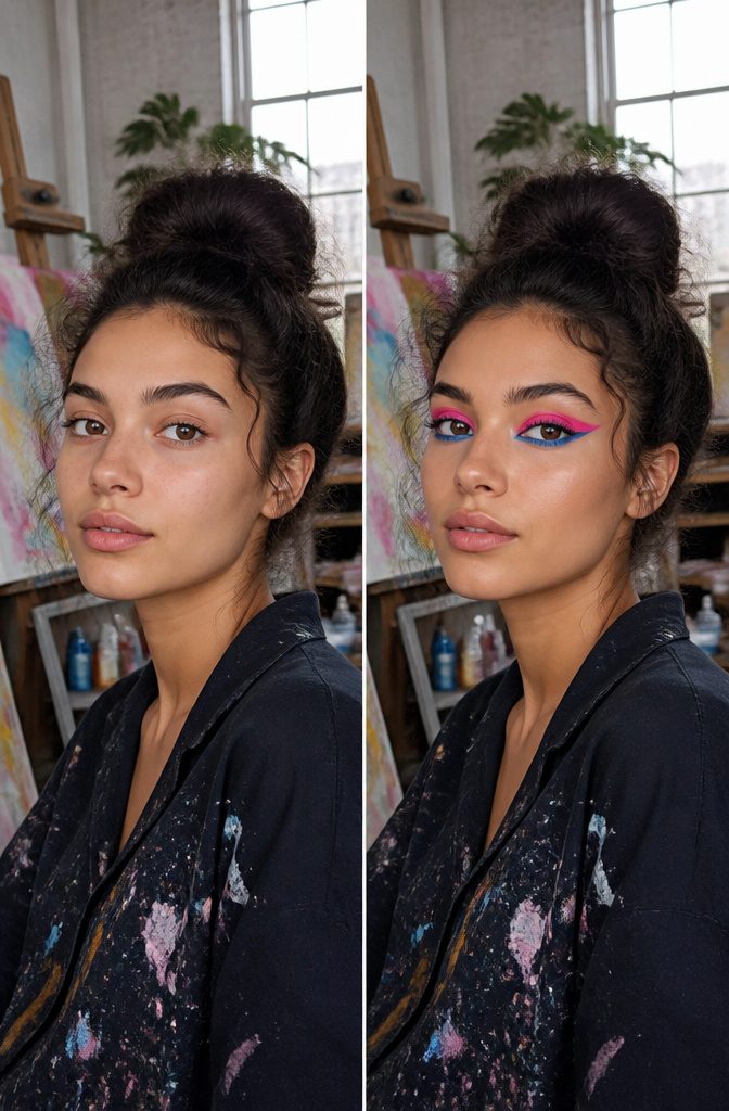 Cool Creative Makeup Looks: 14 Art Styles Worth Trying in 2026 3 Model with bright pink and blue color-blocked eye makeup in a chic setting.