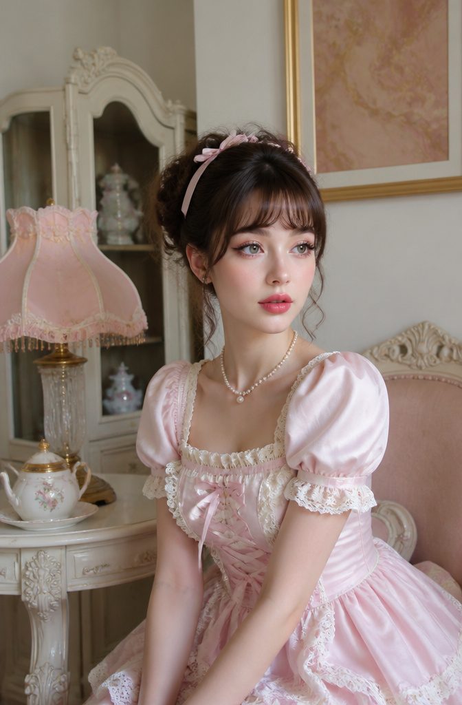 Cool Creative Makeup Looks: 14 Art Styles Worth Trying in 2026 13 Model with doll-like makeup in a vintage dollhouse setting.