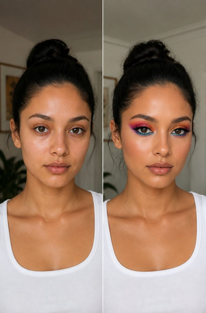 Cool Creative Makeup Looks: 14 Art Styles Worth Trying in 2026 14 Model with half face makeup, one side bare and the other fully decorated.