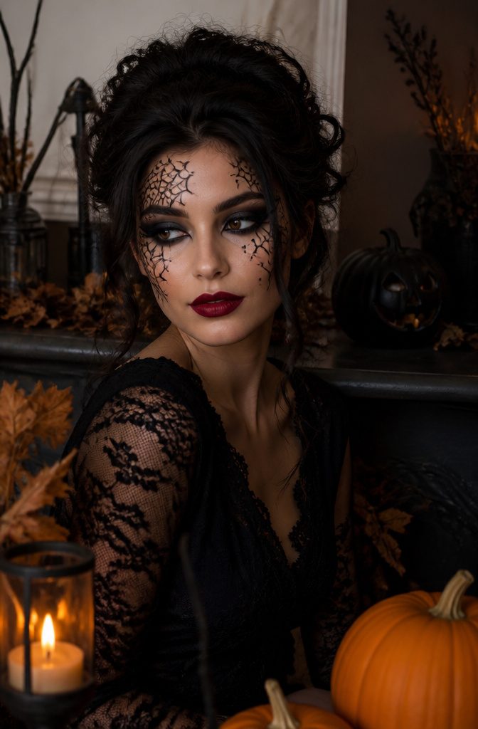 Cool Creative Makeup Looks: 14 Art Styles Worth Trying in 2026 9 Model with dramatic Halloween makeup, including a smoky eye and red lip.