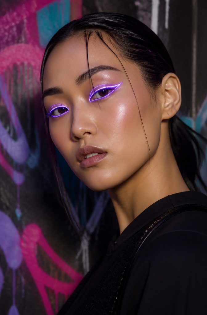 Cool Creative Makeup Looks: 14 Art Styles Worth Trying in 2026 5 Model with neon eyeliner and minimal dewy base for a modern effect.