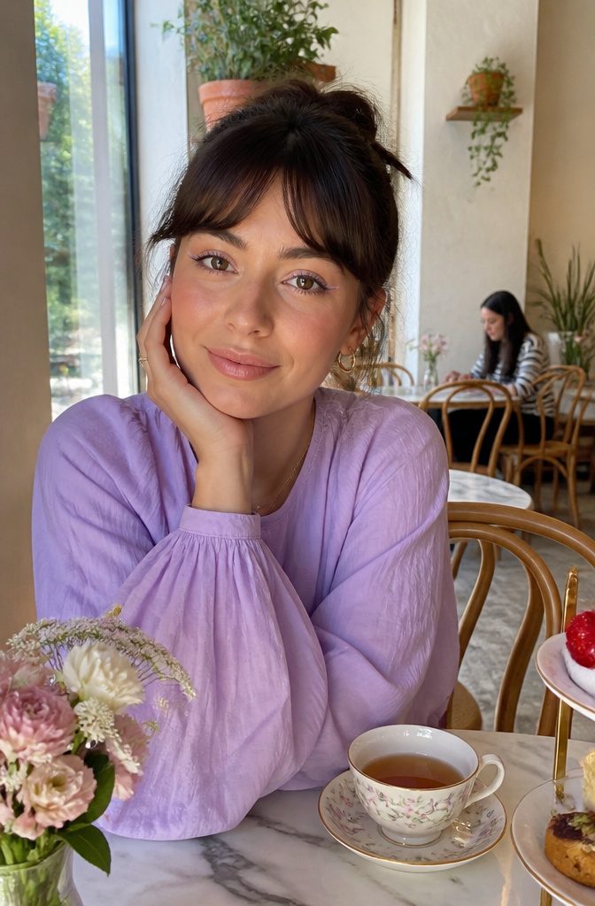 Cool Creative Makeup Looks: 14 Art Styles Worth Trying in 2026 6 Model with pastel liner and fresh flowers in a sun-drenched café.