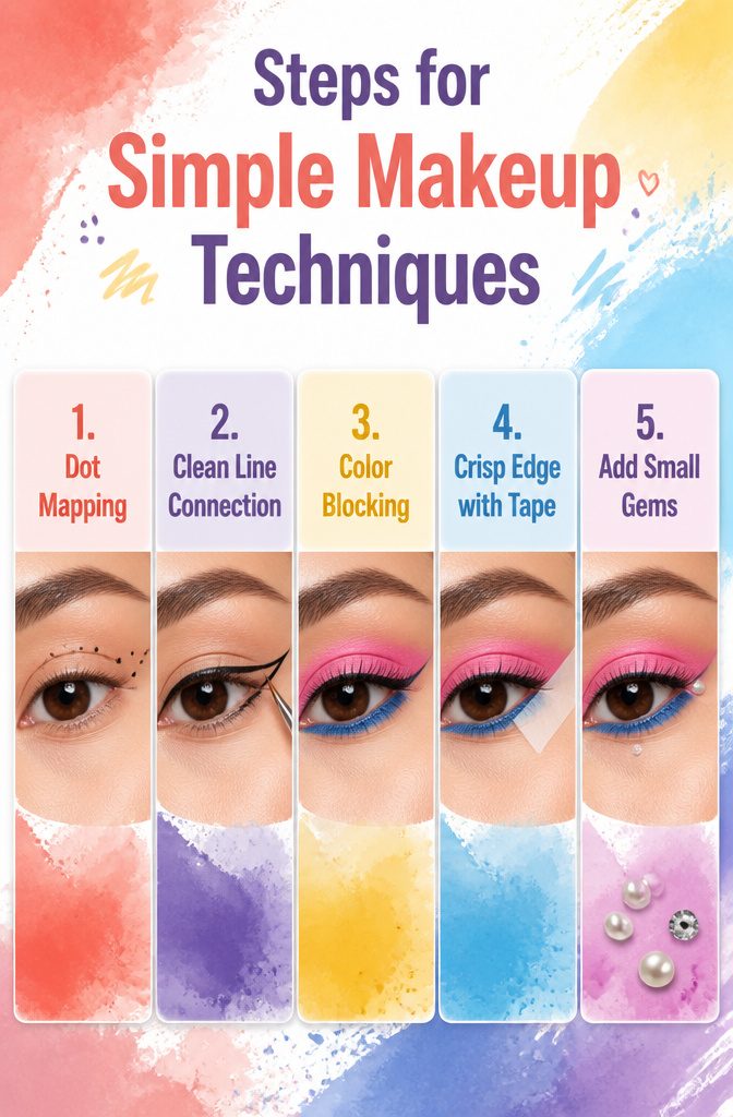Cool Creative Makeup Looks: 14 Art Styles Worth Trying in 2026 18 Steps for simple makeup techniques featuring graphic eyeliner and color blocking.
