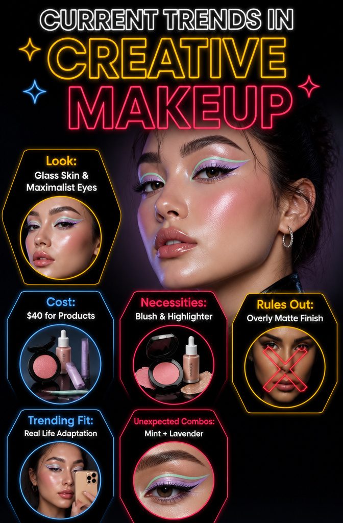 Cool Creative Makeup Looks: 14 Art Styles Worth Trying in 2026 19 Trendy makeup looks with glass skin and bold eye designs.