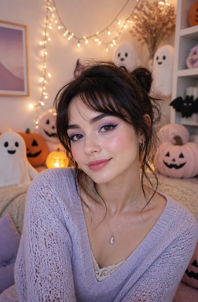 Cute Girly Makeup Looks, Ideas & Styles for 2026 17 Model with pastel Halloween makeup in a whimsically decorated space.
