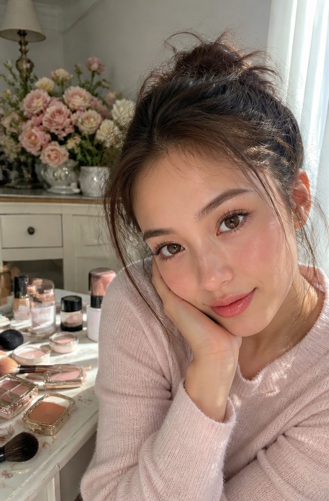 Cute Girly Makeup Looks, Ideas & Styles for 2026 13 Model showcasing doll eye makeup in a softly illuminated room.