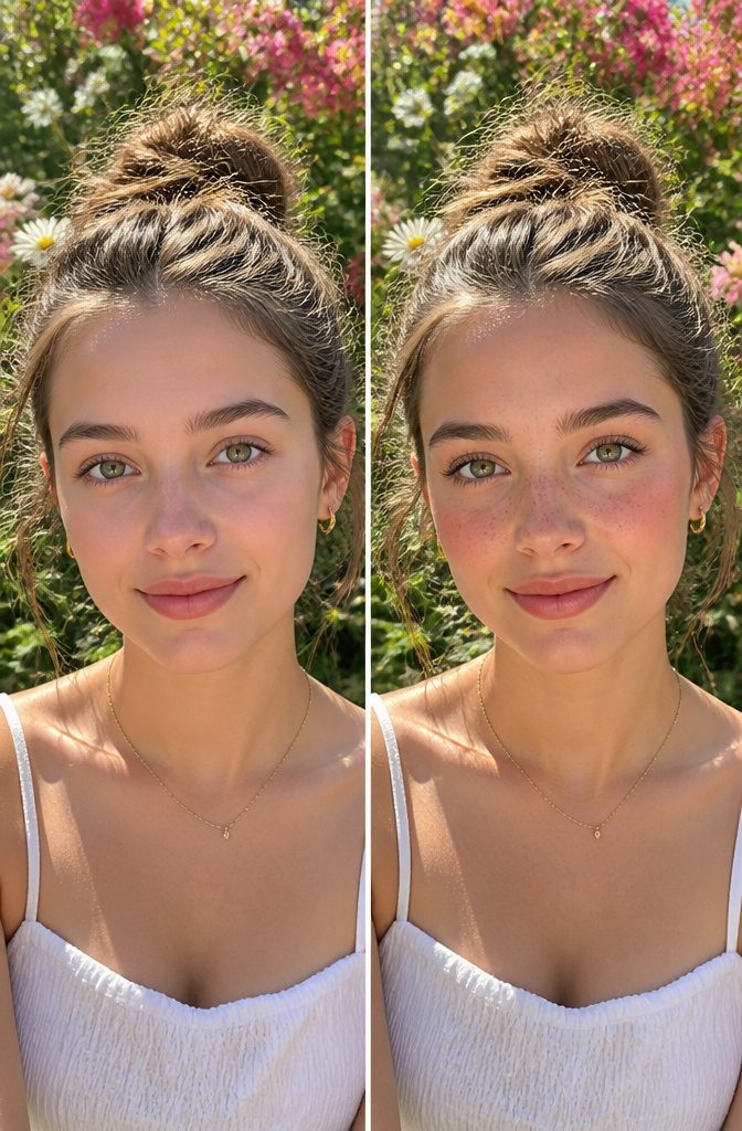 Cute Girly Makeup Looks, Ideas & Styles for 2026 14 Model with fake freckles in a bright, whimsical space.
