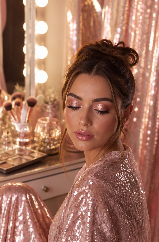 Cute Girly Makeup Looks, Ideas & Styles for 2026 9 Model showcasing glittery eye makeup in a glam-inspired studio.