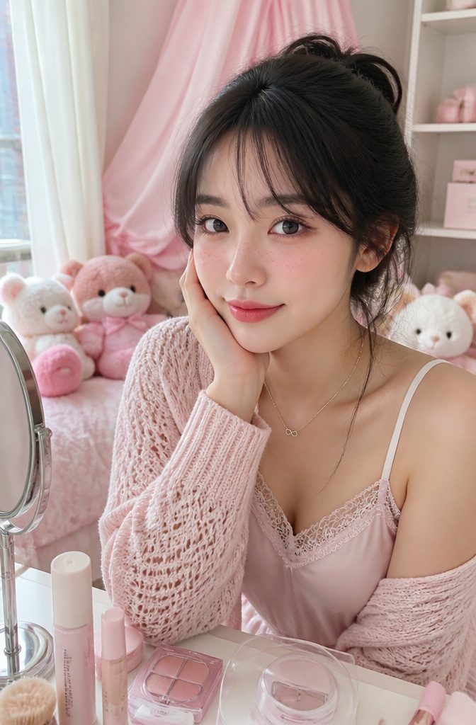 Cute Girly Makeup Looks, Ideas & Styles for 2026 15 Model showcasing kawaii blush placement in a bright room.