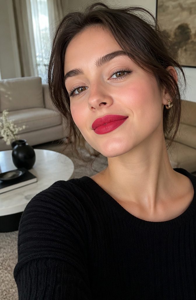 Cute Girly Makeup Looks, Ideas & Styles for 2026 16 Model with bold lip color in a simple makeup setting.