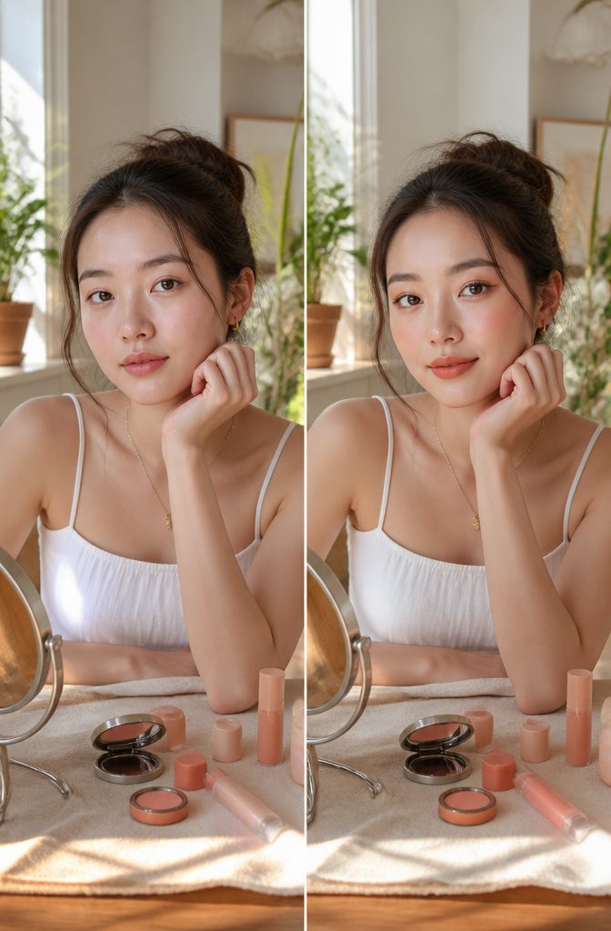 Cute Girly Makeup Looks, Ideas & Styles for 2026 3 Model showcasing peach blush and lip color in a chic setting.