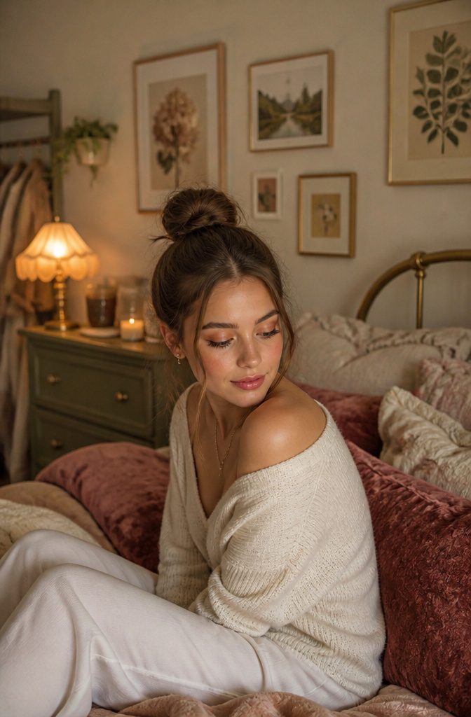 Cute Girly Makeup Looks, Ideas & Styles for 2026 4 Model with a soft smoky eye makeup in a cozy, dim room.