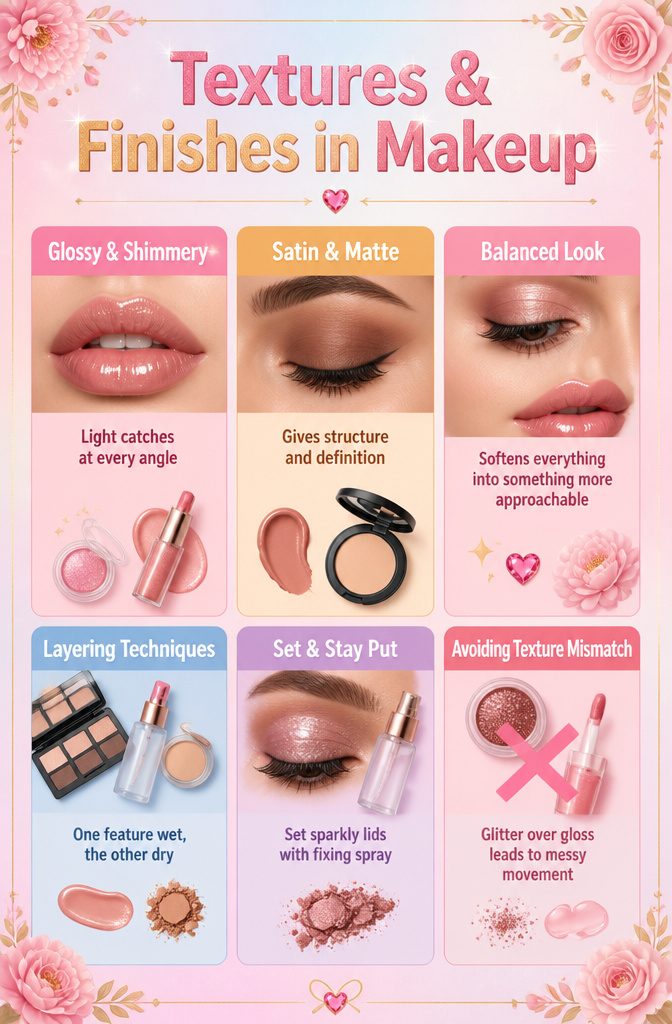 Cute Girly Makeup Looks, Ideas & Styles for 2026 20 Information image illustrating textures and finishes in makeup.