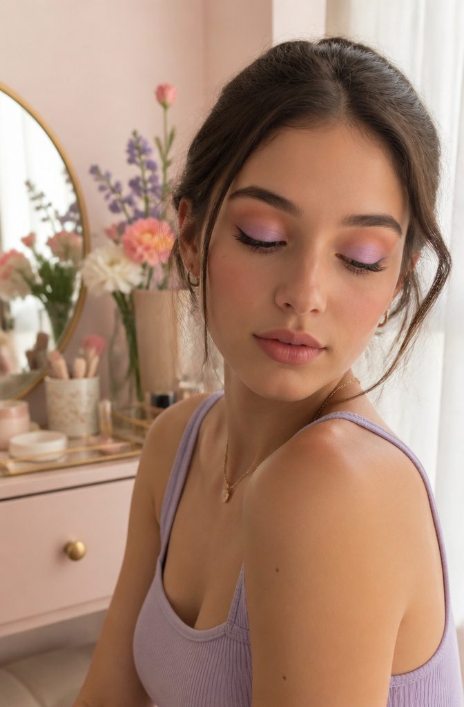 Cute Girly Makeup Looks, Ideas & Styles for 2026 2 Model with lavender and peach pastel eyeshadow in a softly lit room.