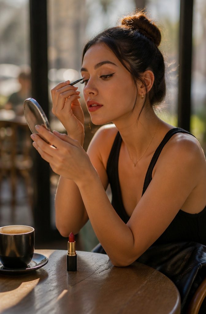 A model showcasing bright lipstick and winged eyeliner.