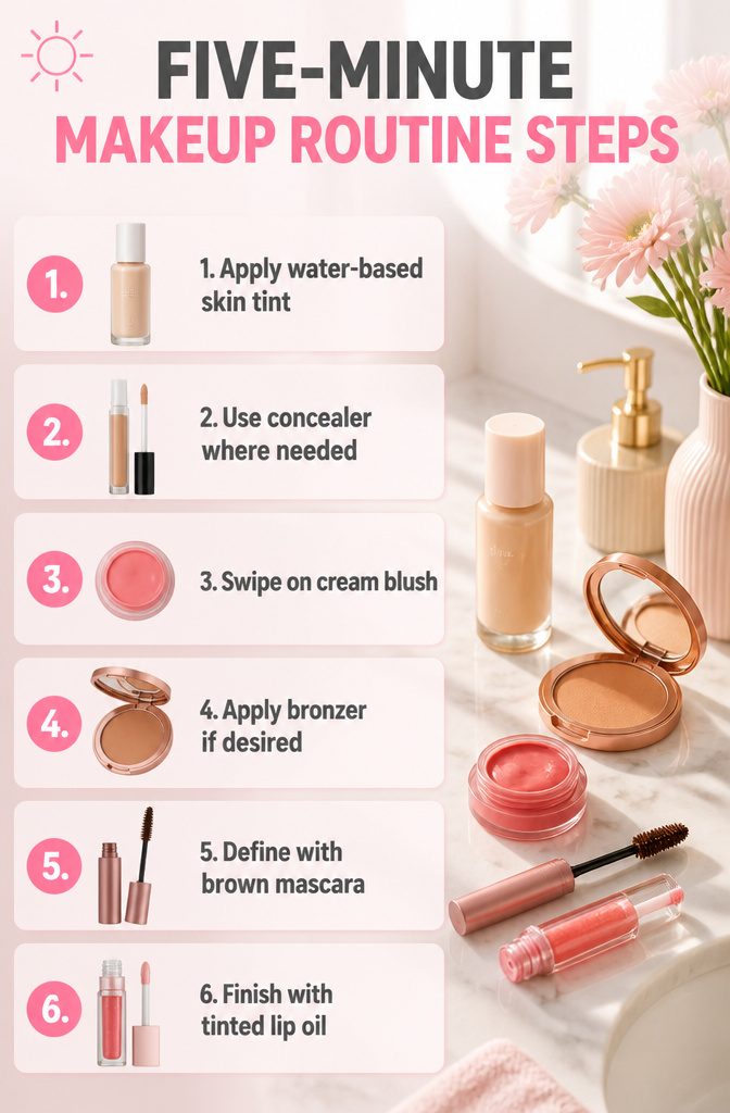 A visual guide illustrating a five-minute makeup routine.