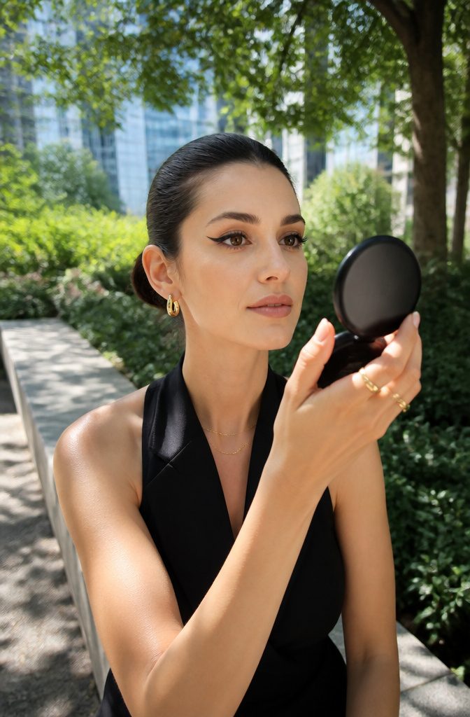 A model with graphic eyeliner in an urban park setting.