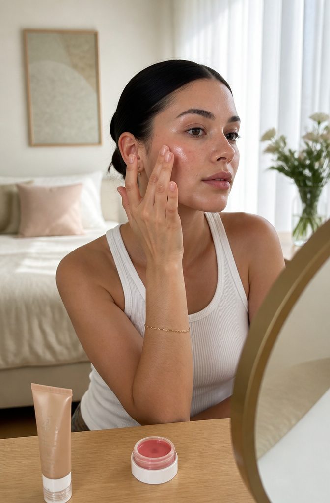 A model applying tinted moisturizer at a simple vanity.