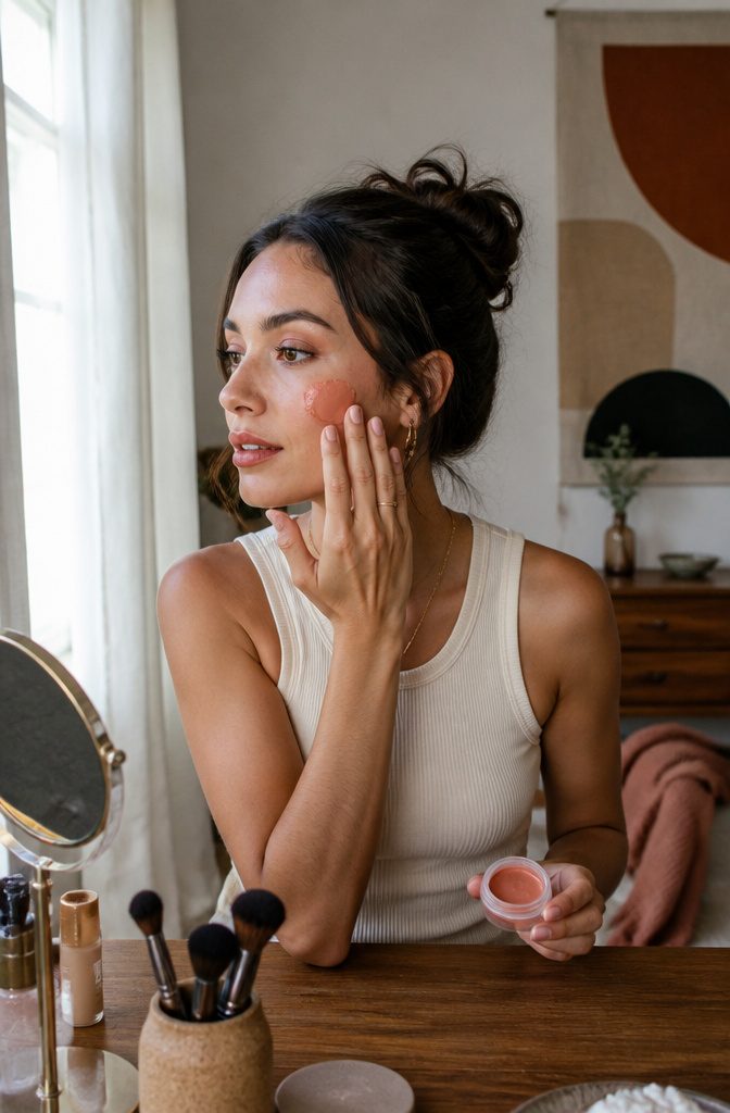 A model with terracotta makeup across her cheeks, eyes, and lips.