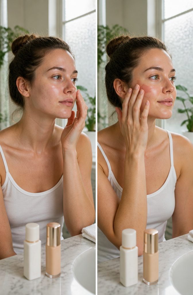 A model with natural-looking skin and minimal makeup.