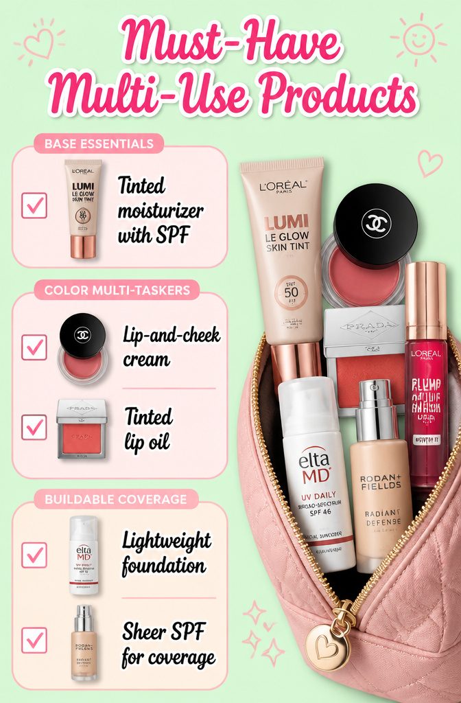 An array of multi-use makeup products displayed together.
