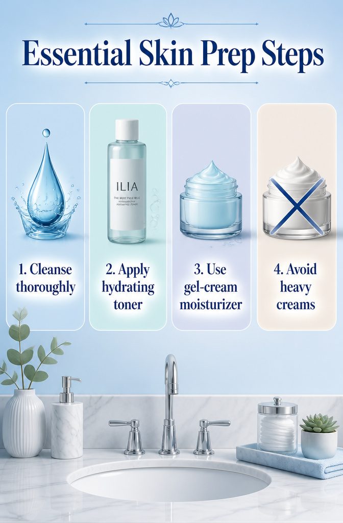 An informative image detailing skin prep steps before makeup.
