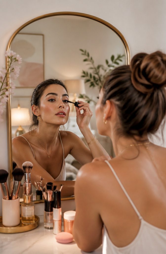 A model applying tinted skin balm in a softly lit studio.