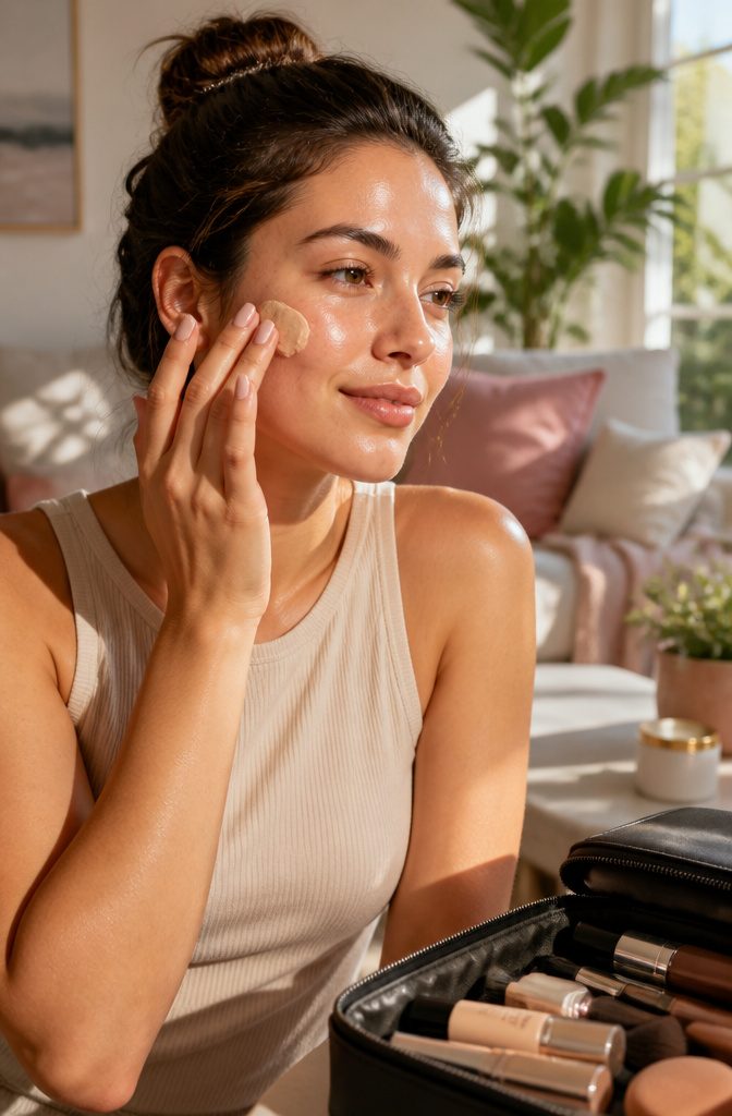 A model demonstrating the application of tinted moisturizer.