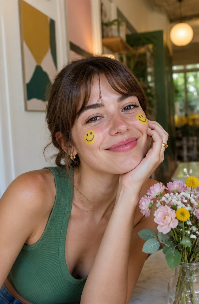 Fun Makeup Looks for 2026: 19 Ideas to Recreate 5 A model with smiley face designs painted on her cheeks.