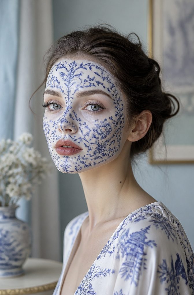 Fun Makeup Looks for 2026: 19 Ideas to Recreate 3 A model with a blue-on-white porcelain pattern on her face.