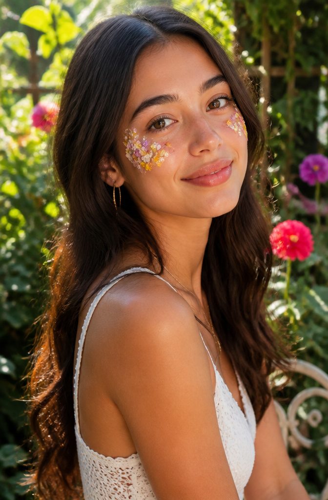 Fun Makeup Looks for 2026: 19 Ideas to Recreate 18 A model with flower face paint on her cheeks.