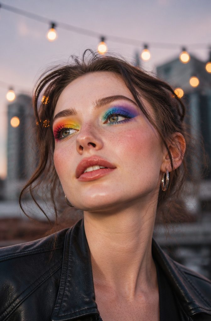 Fun Makeup Looks for 2026: 19 Ideas to Recreate 4 A model showcasing colorful rainbow eye makeup.
