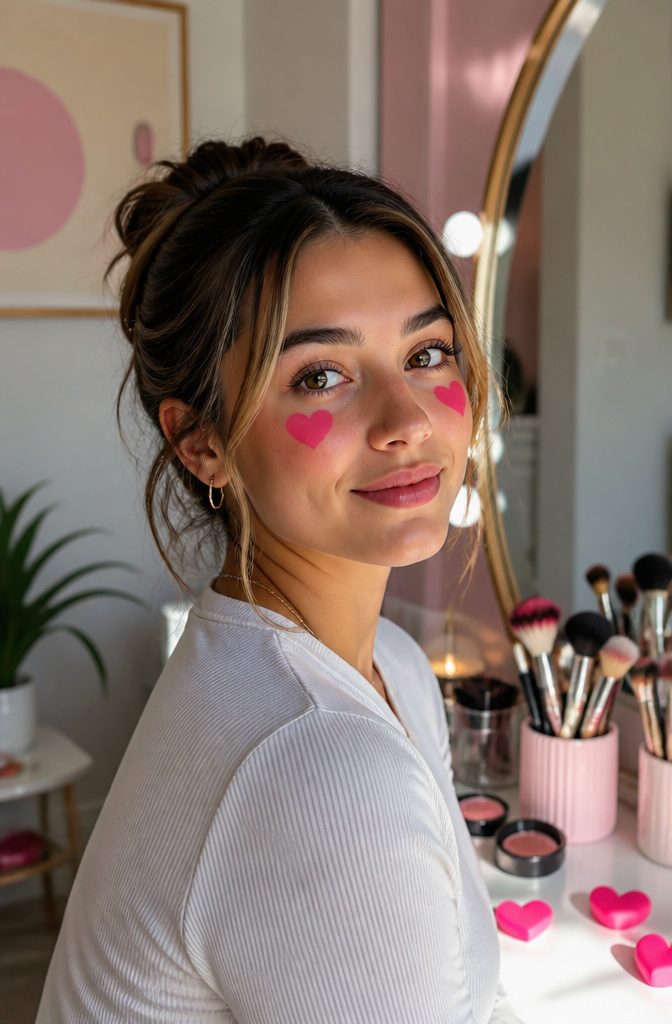 Fun Makeup Looks for 2026: 19 Ideas to Recreate 6 A model with pink tape-out hearts on her cheeks.