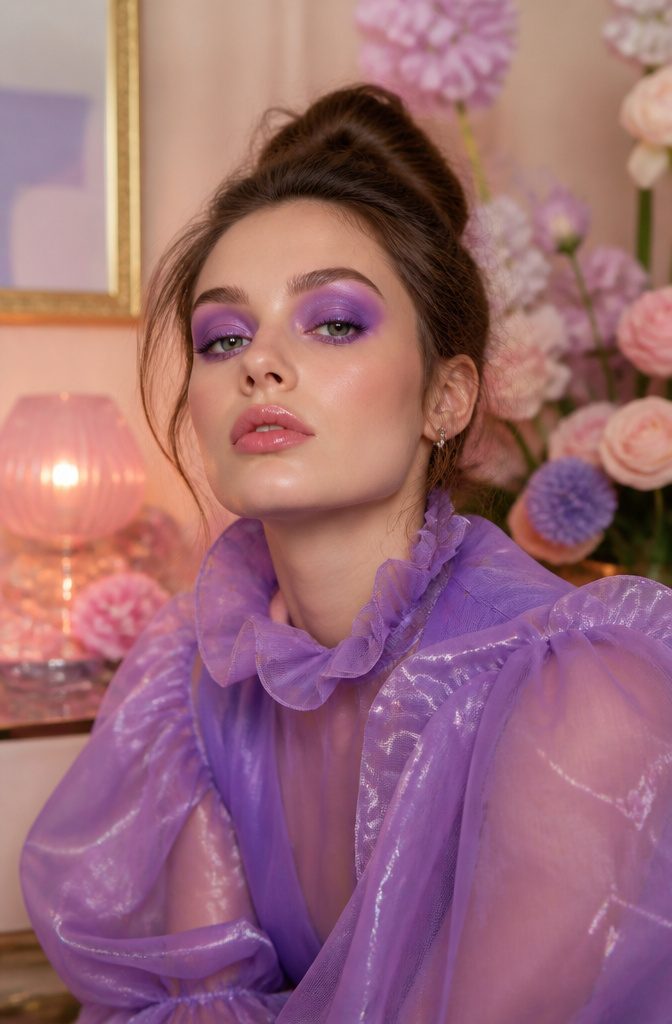 Fun Makeup Looks for 2026: 19 Ideas to Recreate 8 A model with a bold purple eye makeup look.
