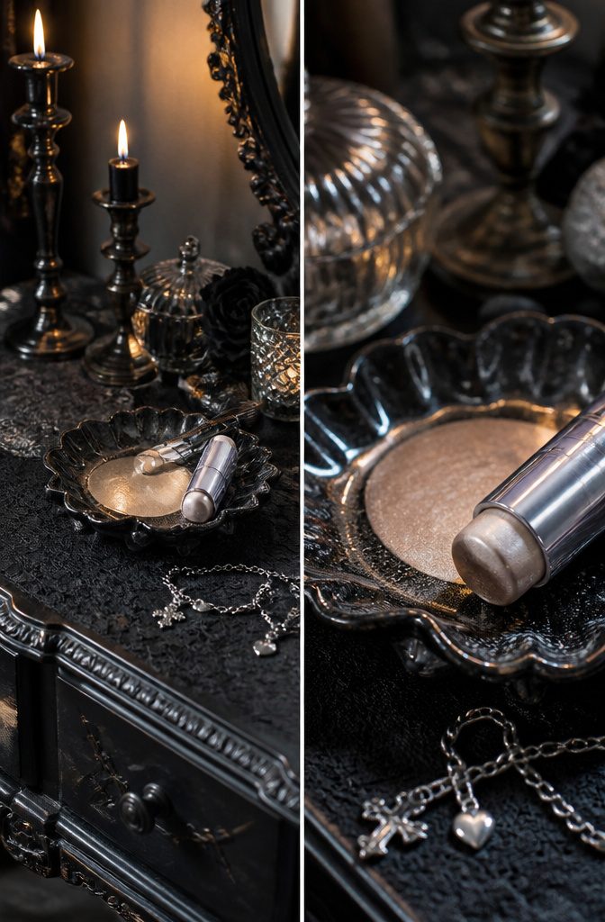 L'Oréal Paris Lumi Le Glass Highlighter Stick next to bronzer on a surface.