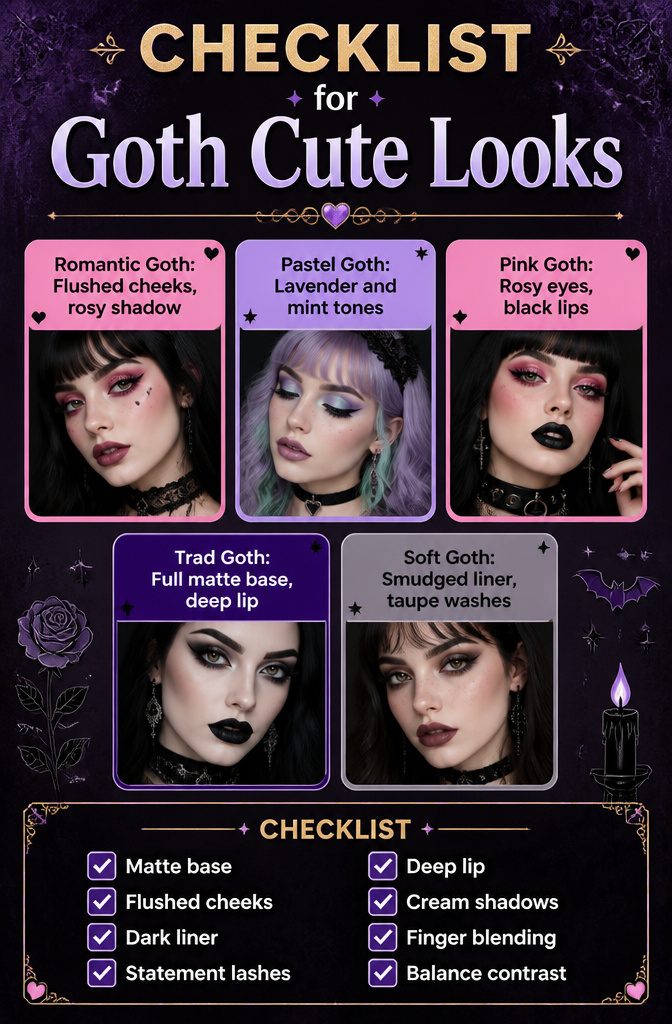 Checklist of five goth cute looks with descriptions.