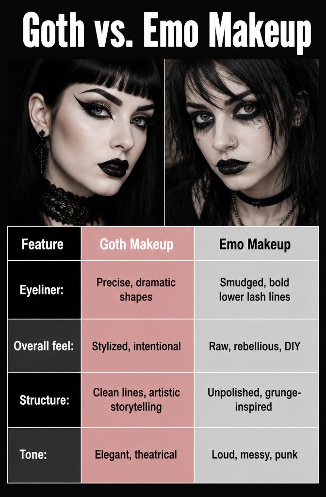 Comparative chart showing differences between goth and emo makeup.