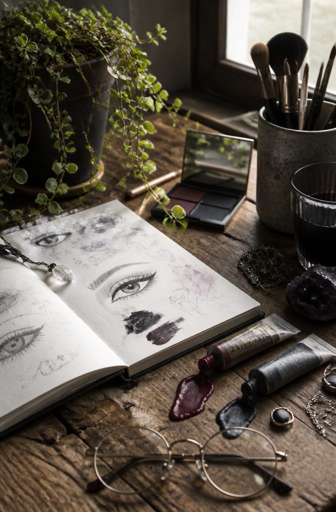 A rustic desk with lip colors and notes on goth makeup styles.