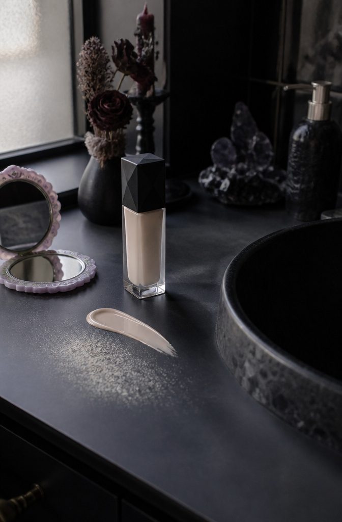 L'Oréal Paris Infallible Skin Ink foundation on a matte black bathroom counter.