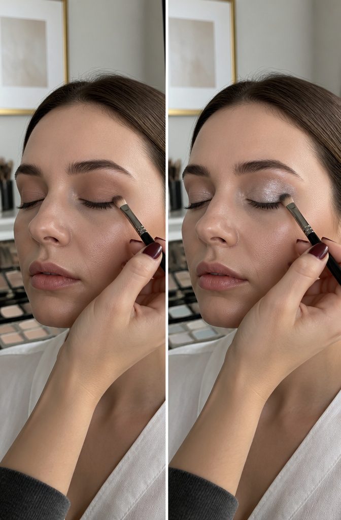 Icy Pastel Makeup: How to Create a Frosty Eye Look in 6 Steps 4 Close-up of shimmery icy white eyeshadow on model's eyelid.