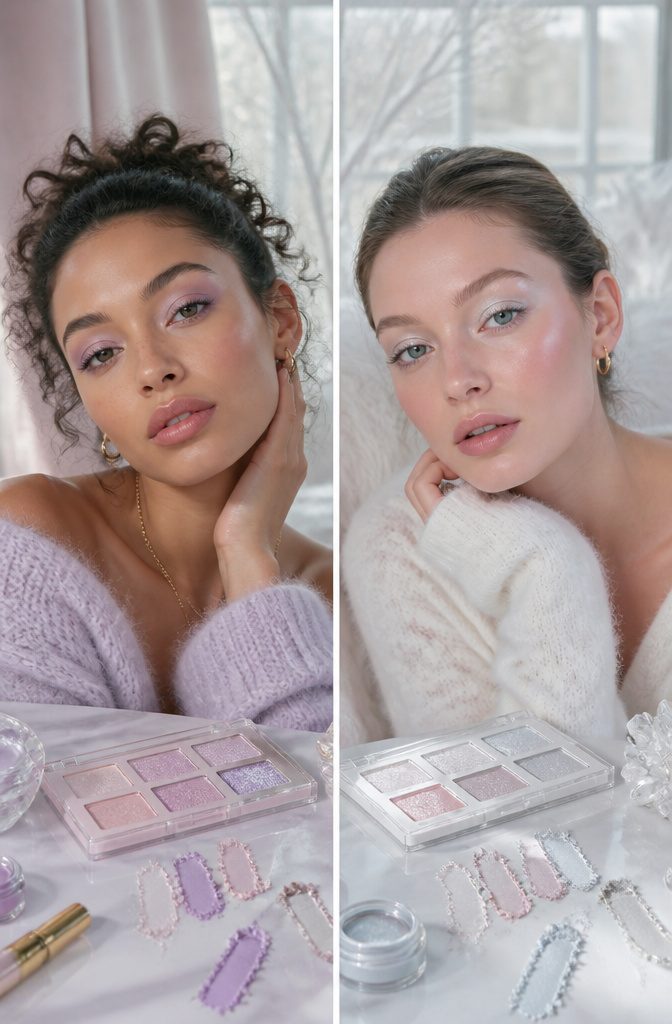 Icy Pastel Makeup: How to Create a Frosty Eye Look in 6 Steps 12 Different pastel eyeshadow palettes on a table.