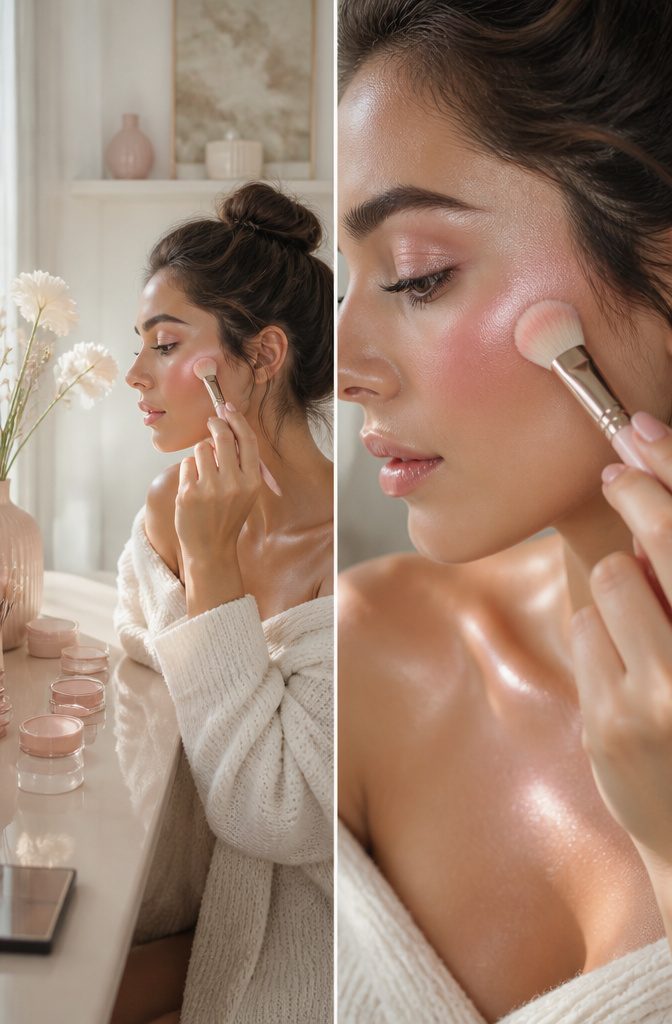 Icy Pastel Makeup: How to Create a Frosty Eye Look in 6 Steps 9 Model with liquid blush applied to her cheeks.