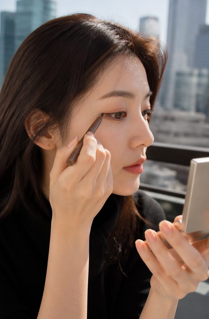 A model applying brown pencil eyeliner in an urban setting.