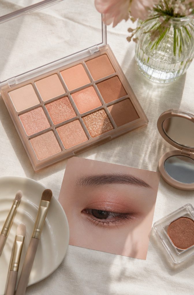 Eyeshadow colors in brown, peach, and pastels arranged on a table.