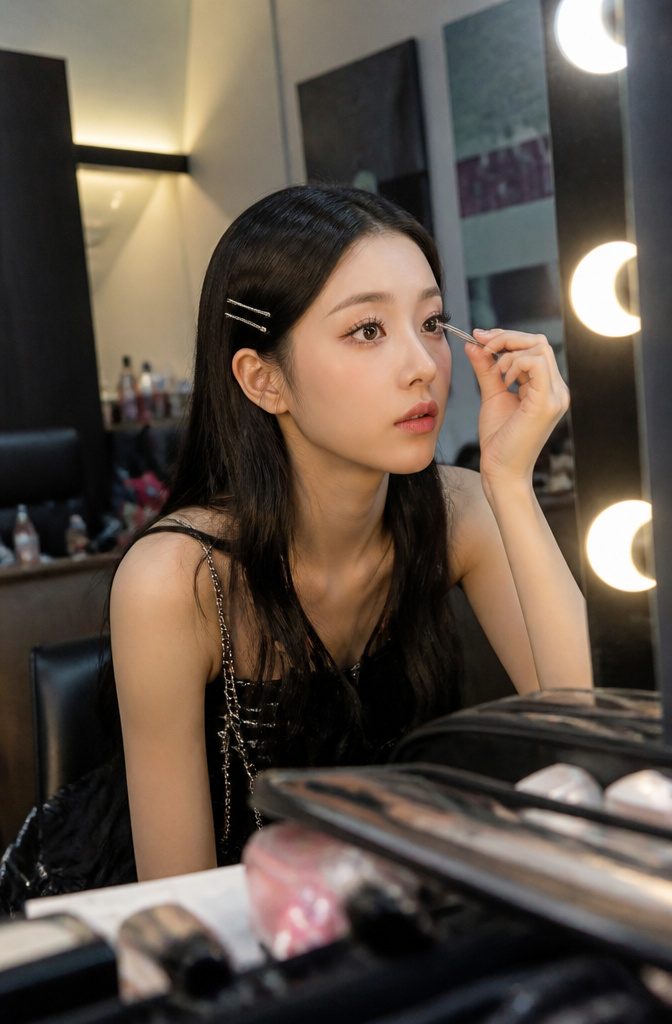 A model in a green room applying mascara with tweezers in hand.