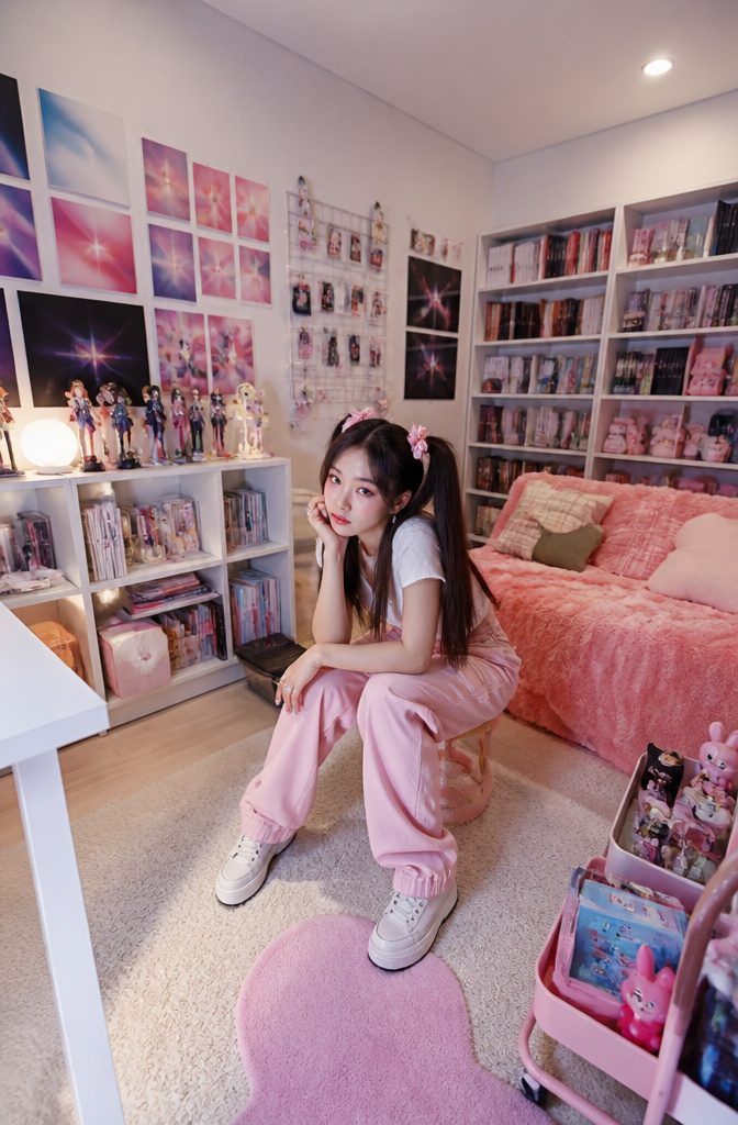 A model showcasing Korean eye makeup influenced by pop culture.