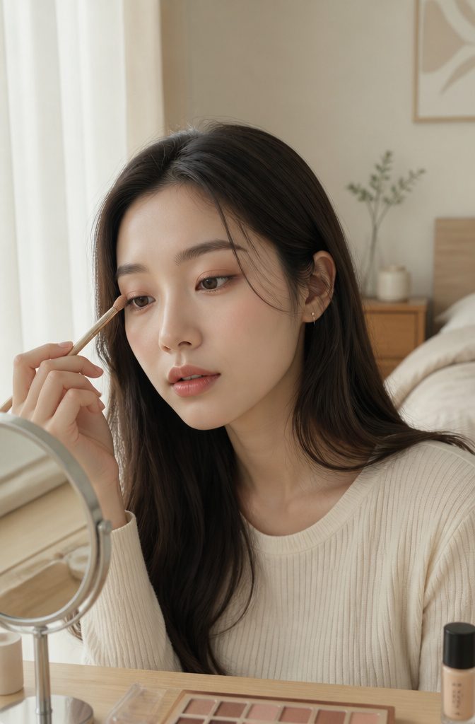 A model showcasing a natural eye makeup look in a serene bedroom.